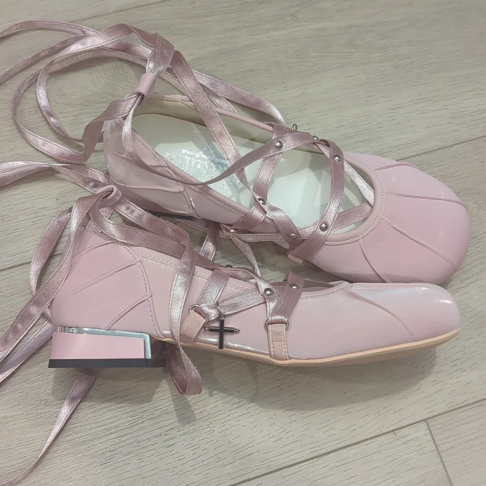 Lolita Lace Up Pink Ballet Flats - Picture 4 of 10
